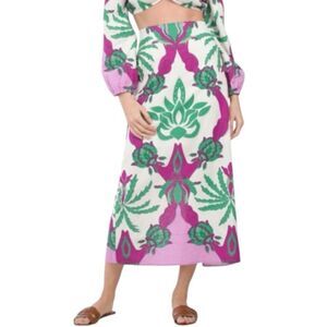 New Caroline Constas multicolor palm tropical Linen Pink Green Midi Skirt Medium